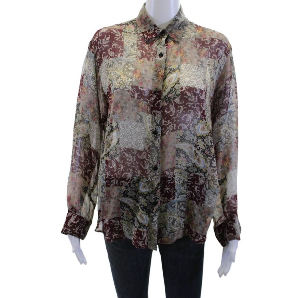 The Line Women Red Paisley Collared Button Up Blouse Long Sleeve Size M